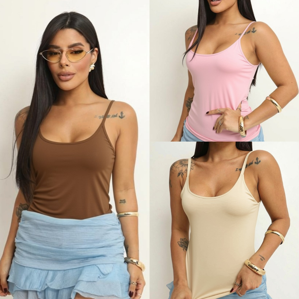 Regata Feminina Alcinha Blusa Básica Com Forro Duplo Suplex Premium Confortável Alça Reforçada Elegante Casual