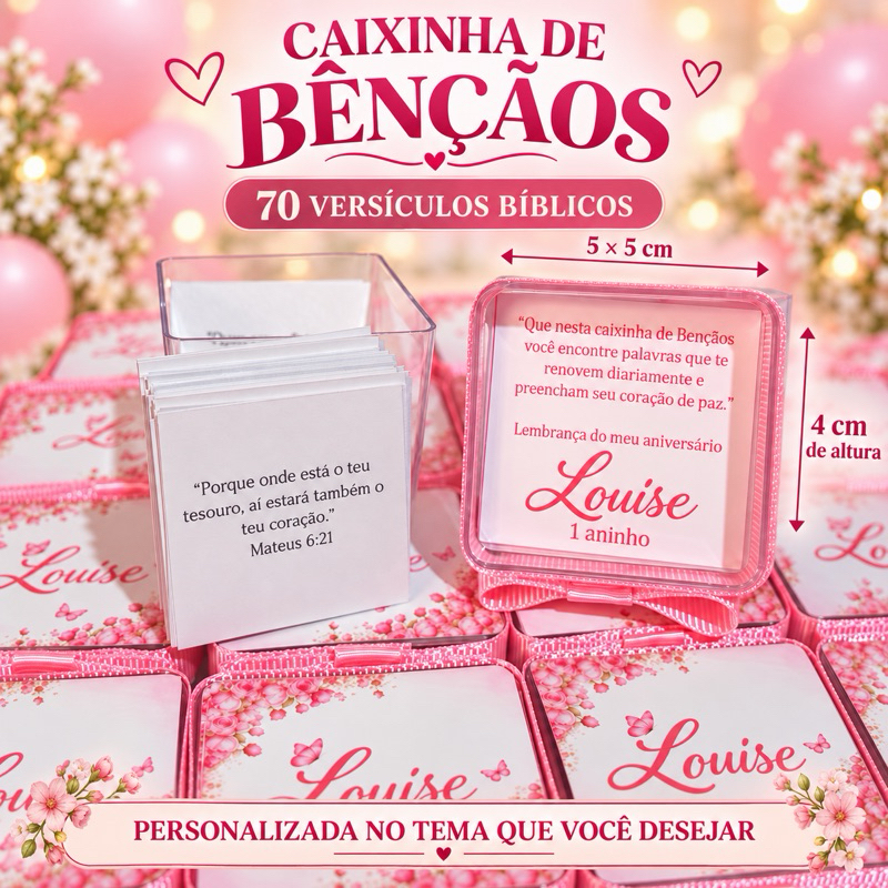 Kit Caixinha de Bênçãos Personalizada com 70 Versículos Bíblicos Lembrancinha Aniversário e Batizado