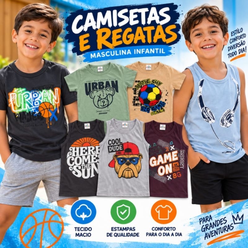 Kit de Camiseta e Regata Infantil Menino Estilosa 100% Algodão Sortida do 2 ao 12 | Roupa Infantil Menino Confortável