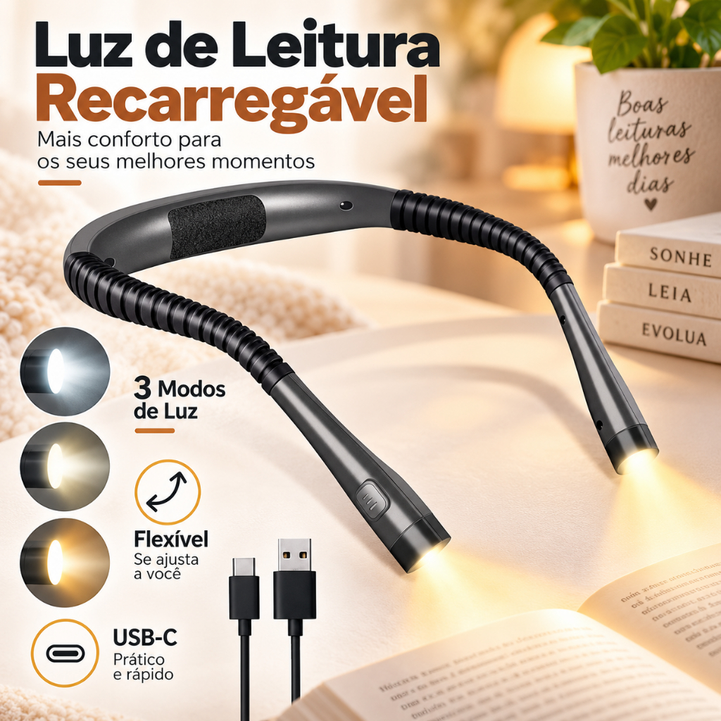 Luz de Leitura de Pescoço Recarregável USB Lâmpada Flexível Portátil 3 Modos de Luz para Leitura