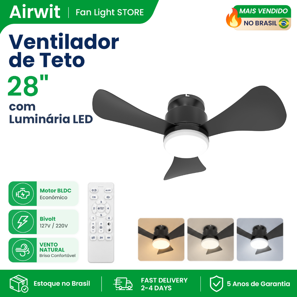Airwit 28 inch 3 Pás Ventilador De Teto Com Luminária LED Motor BLDC Bivolt Controle Remoto LED Integrada Silencioso