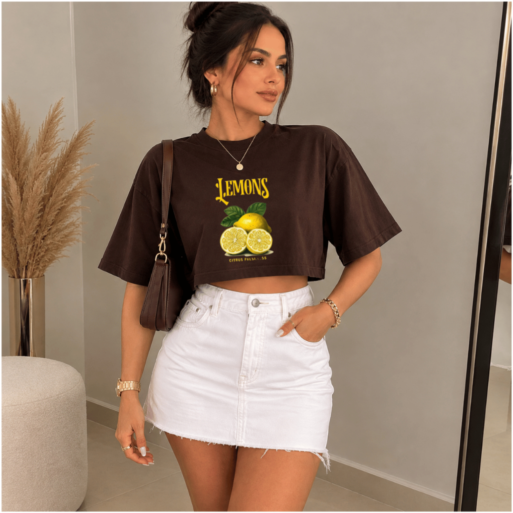 Cropped Feminino Estampado Fruta Tropical Lemon Verão Oversized 100% Algodão Estiloso 2026