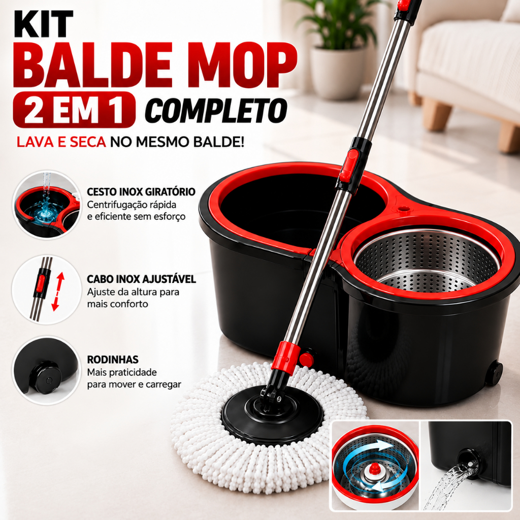 Mop Giratório 360° Completo Balde Inox  Grande com Refil de Microfibra Preto