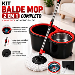 Mop Giratório 360° Completo Balde Inox Grande com Refil de Microfibra Preto