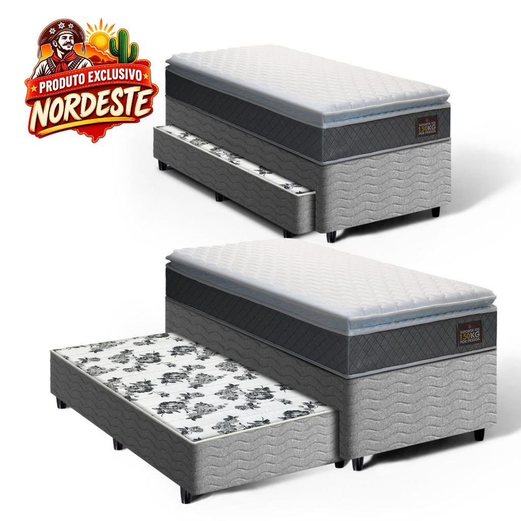 Cama Box com Colchão de Espuma D45 Pillow Top Fort Comfort + Auxiliar de Espuma Unique Solteiro 88cm