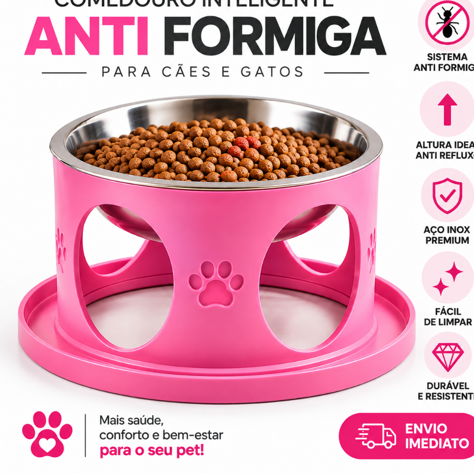 Comedouro Anti Formiga Elevado p/ Cães e Gatos com Tigela Inox Removível e Base Anti Refluxo