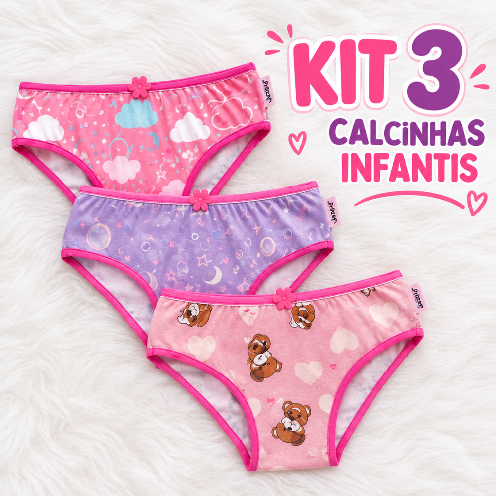 Kit 3 Calcinhas Infantil Menina Forro 100% Algodão Confortável Tecido Suede Estampas Variadas