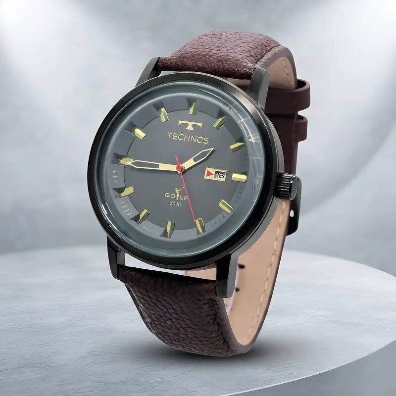 Relógio Masculino Technos Golf Pulseira Couro Marrom Fundo Preto Analógico Original 2115LAQ2M