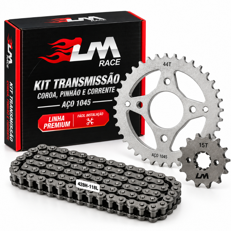 Kit Relação Transmissão Honda Cg Titan Fan Start Cargo 160 Kit Premium Lm Race Aço1045 Reforçado Corrente Coroa Pinhão