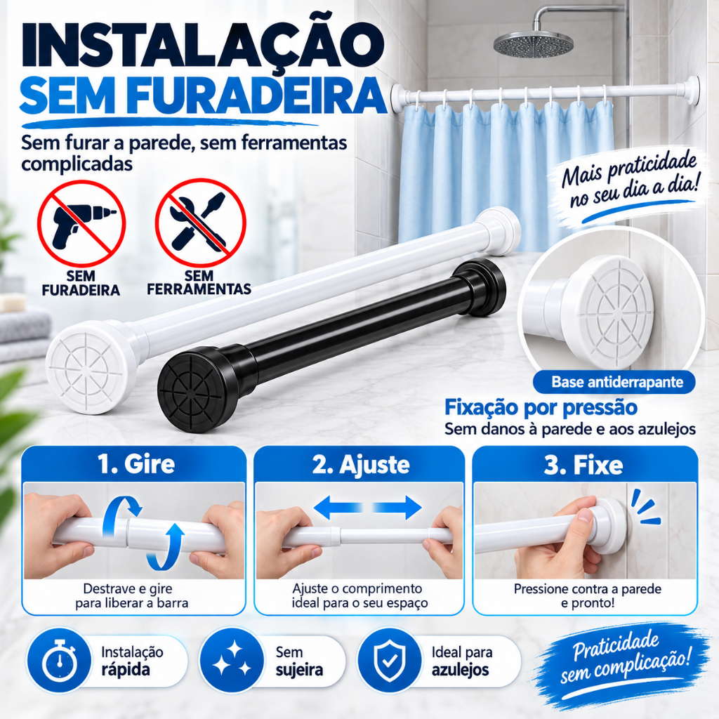 Varão Extensível de Pressão Sem Furar paraCortina de Banheiro e Janela Branco/Preto 6Tamanhos · foto 2