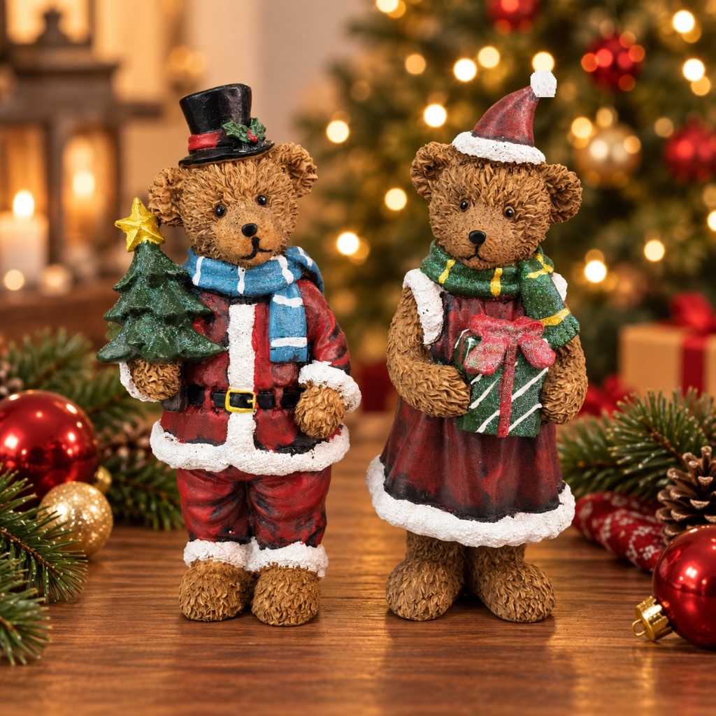 Enfeite Urso Natalino de Resina 23cm Decoração Árvore de Natal – 2 Modelos Casal Presente Lembrança