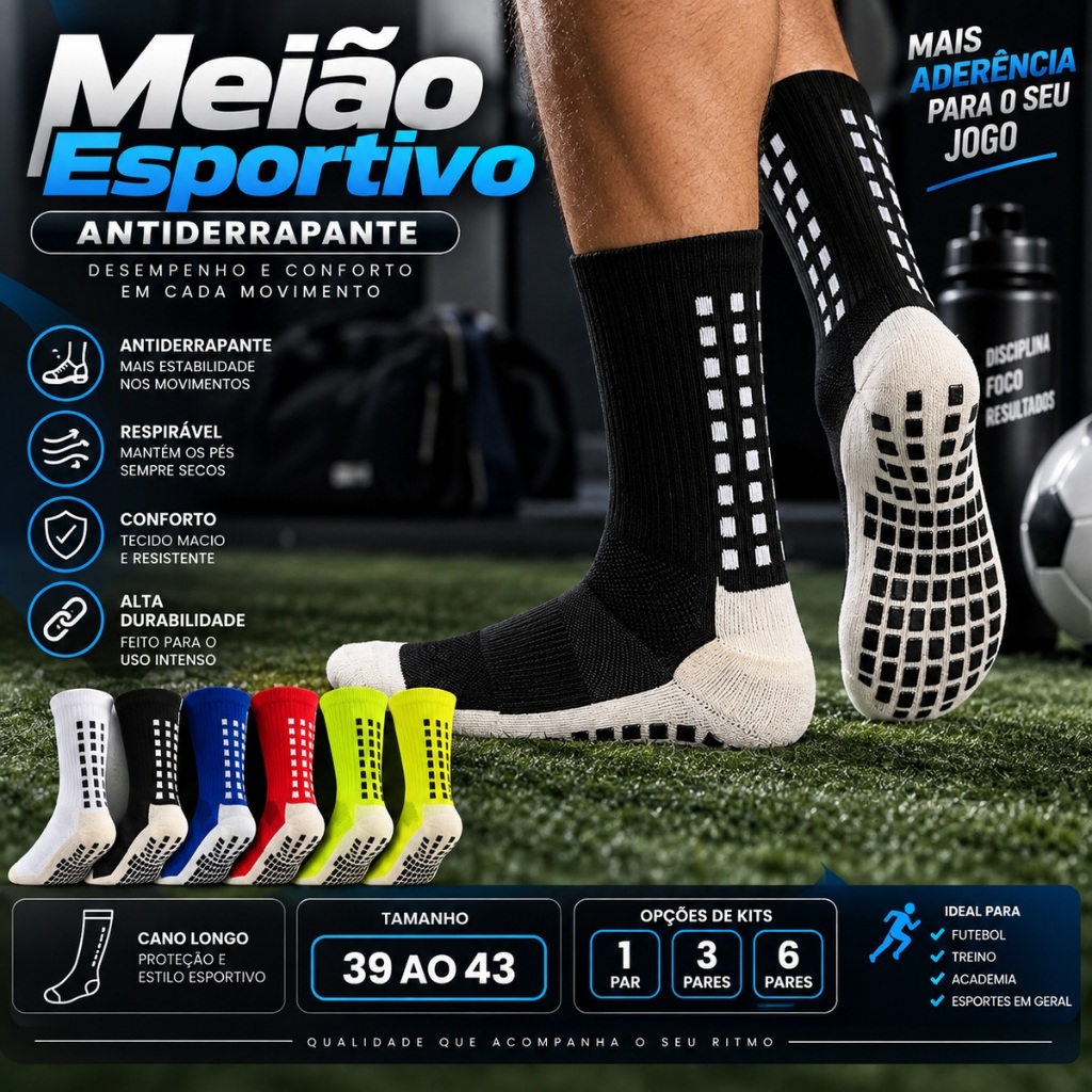 Meião Masculino Esportivo Antiderrapante Cano Longo 39 ao 43 Kit 1, 3 ou 6 Pares