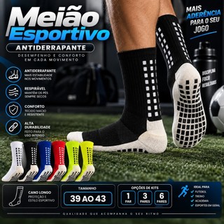 Meião Masculino Esportivo Antiderrapante Cano Longo 39 ao 43 Kit 1, 3 ou 6 Pares