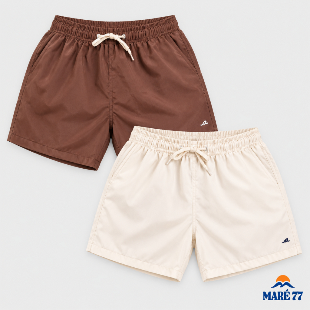 Kit 2 Short Masculino Tactel com Elastano Bermuda Casual Mauricinho Verão Bordado Bolsos Cordão Cru Cintura Elástica