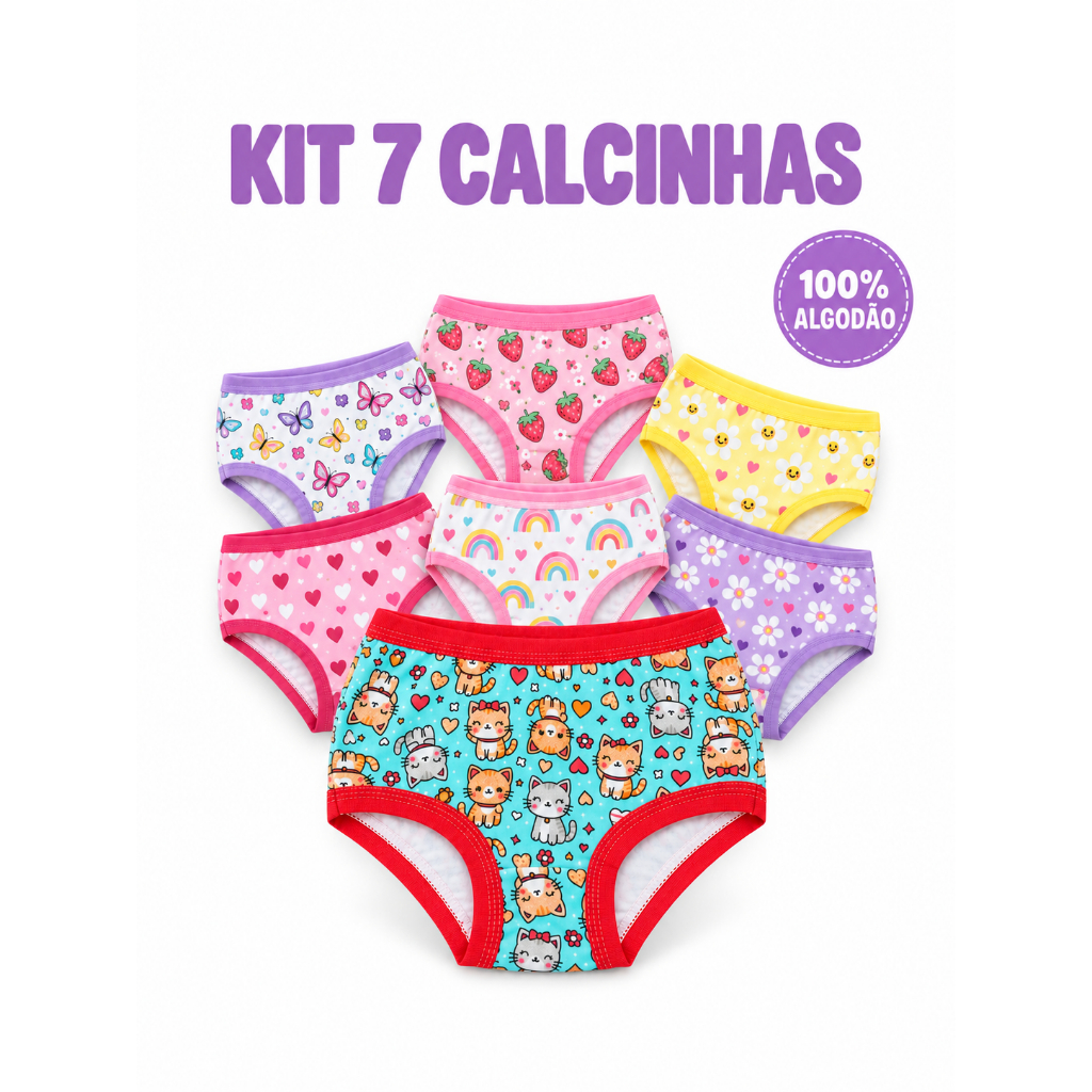 Kit 7 Calcinhas Infantil Menina Algodão Confortável | Modelagem Larguinha | Forro 100% Algodão