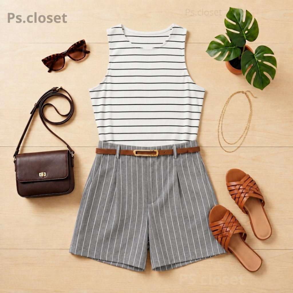 Conjunto Feminino Listrado - Short Cinza Alfaiataria com Cinto Elegante + Cropped Canelado Suplex Tendência Verão 2027