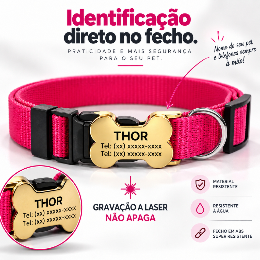 Coleira Para Cachorro Personalizada - Fecho Luxo Exclusivo Gravado a Laser - P/M/G