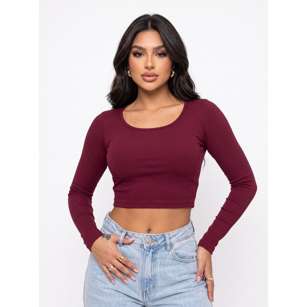 Cropped Com Bojo Top Blusa Feminino Manga Longa Branco Marsala Ribana Canelado