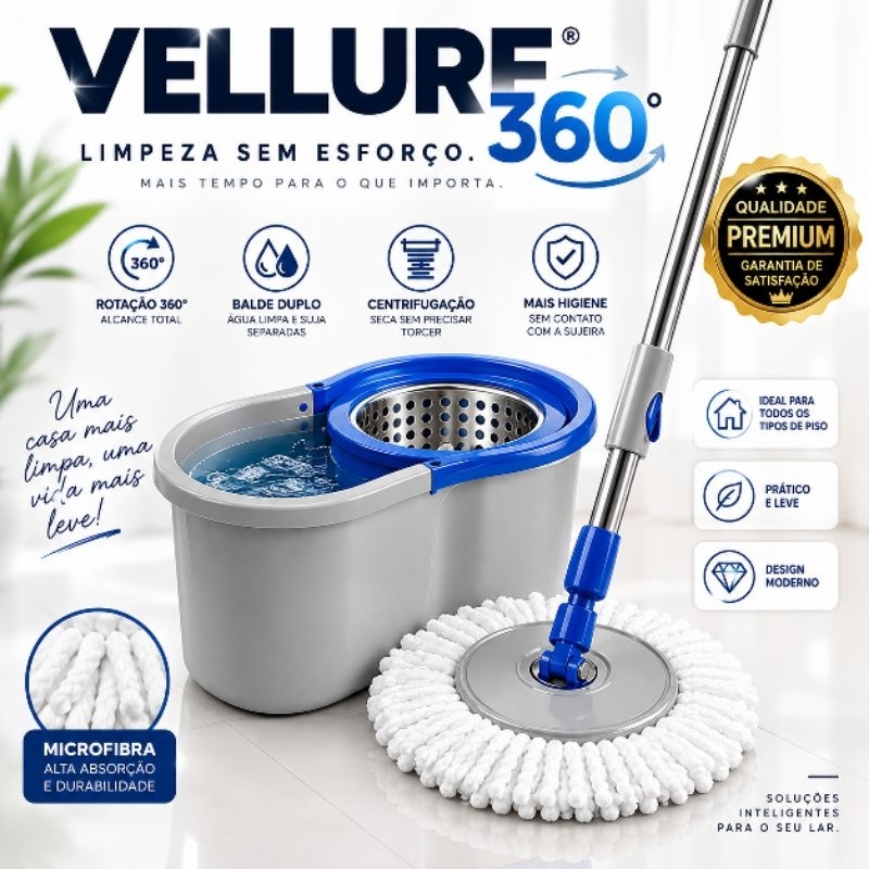 Mop Giratório 360° Vellure com Balde Duplo, Esfregão Centrifugador e Microfibra | Limpeza Rápida, Prática e Sem Esforço