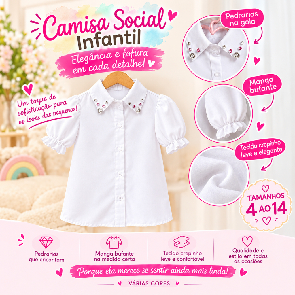 Camisa Social Infantil Juvenil Menina Manga Curta Evangelica Boiadeira - Tam. 02 ao 14