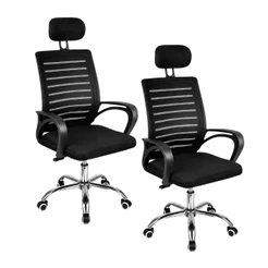Kit 2 Cadeiras Roma Mesh: Ergonômica, Apoio Cabeça, Ajuste Altura, Giratória, Base Cromada, até 120kg, Preta