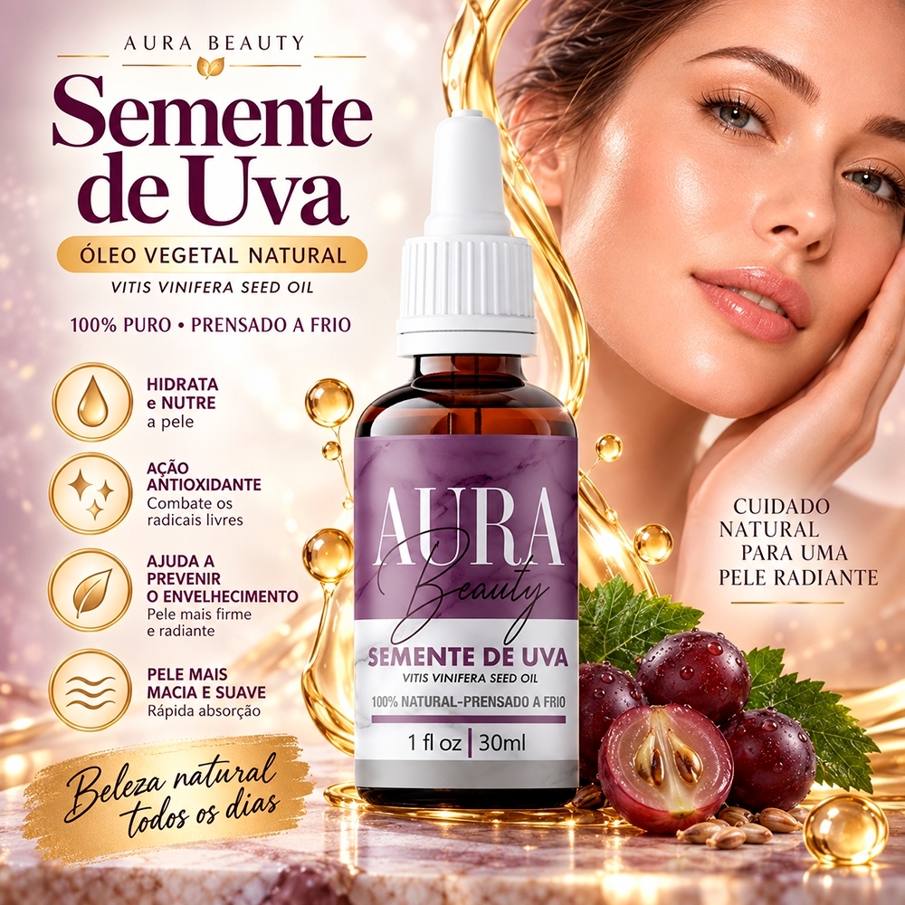 Óleo de Semente de Uva 100% Puro 30ml – Anti-idade, Hidrata, Controla Oleosidade, Para Pele Oleosa