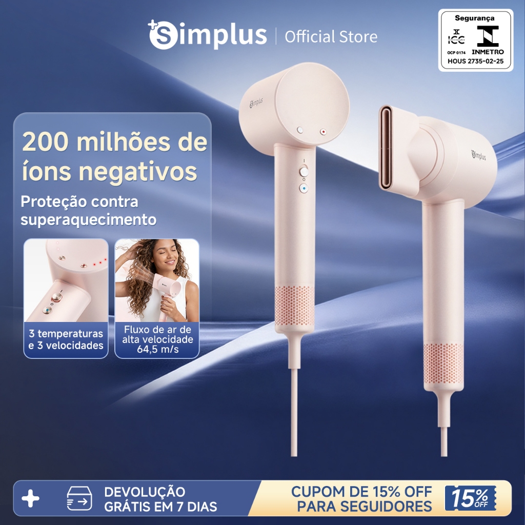 Simplus Secador de Cabelo Ionic Alta Velocidade 64 m/s com Íons Anti-frizz 3 Temperaturas Jato Frio 127V Plug BR