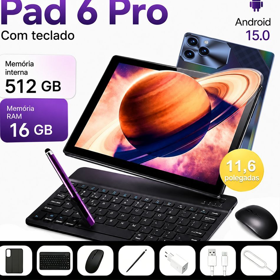 Tablet 16GB RAM +512GB HD 11.6 Polegadas Tela Grande PC pad Android Dual SIM Card Câmera 48MP e 22MP WIFI 5G 8800mAh