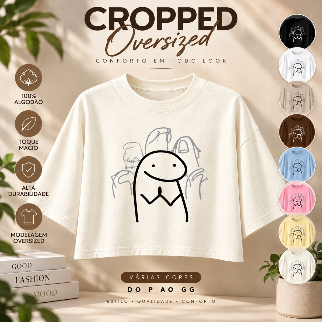 Cropped Feminino Oversized 100% Algodão Estampado Confortável Casual Moda Feminina Tendência P ao GG