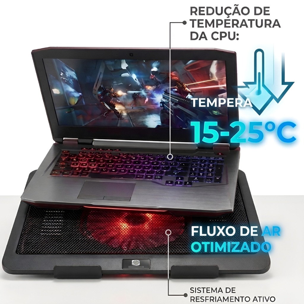 Suporte Base Notebook Com Ventilação na CPU Silenciosa Resfriador Via USB Gamer Home Office
