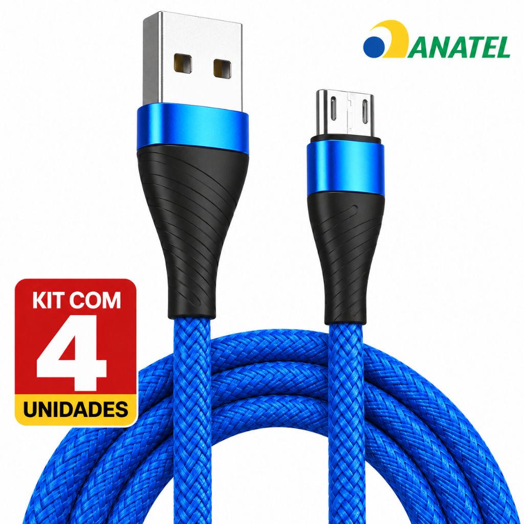 Kit 4 Unidades Cabos Carregador v8 Android Micro Usb 2 Metros Original a'Gold