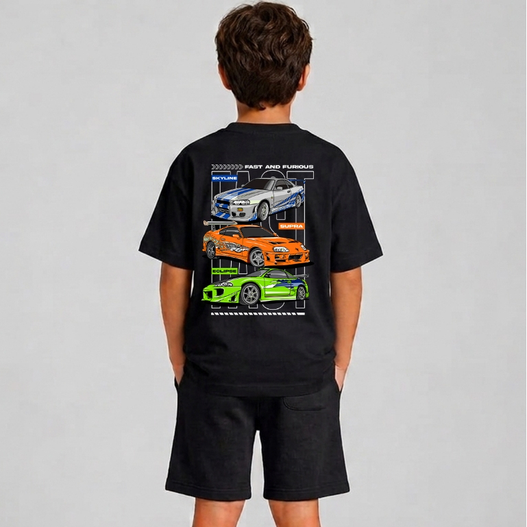 Conjunto Infantil Bermuda + Camiseta Carros Skyline Supra Velozes e Furiosos Kit Infantil short + Camiseta