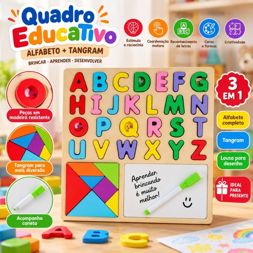 Tabuleiro Educativo Pedagógico Montessori Encaixe Números e Letras Com Quadro Caneta para Desenhar