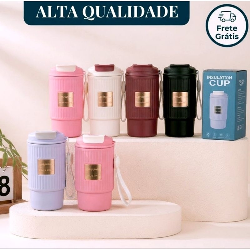 Copo Térmico Aço Inox 520ml Colorido Alça de transporte, Bico integrado, Boca larga, Com canudo, À prova de vazamentos