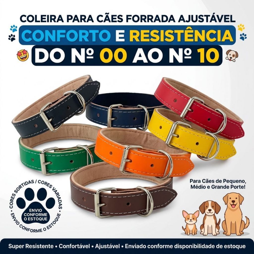 Coleira Para Cães Forrada Ajustavel Confortavel N00 Ao N10 Cachorro Pequeno Medio Grande Cores Sortidas