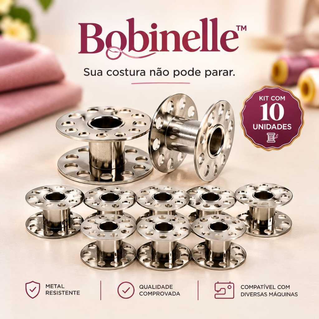 Kit 10 Bobinas de Metal Alta 1222 Bobinelle para Máquina de Costura Doméstica