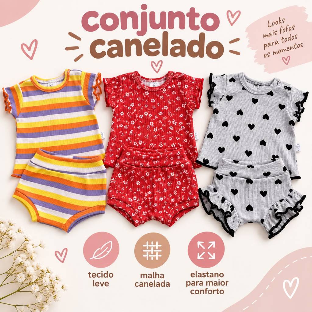 Conjunto Canelado Bebê Kit 2 Peças Babados Verão Menina Estampado Algodão Premium