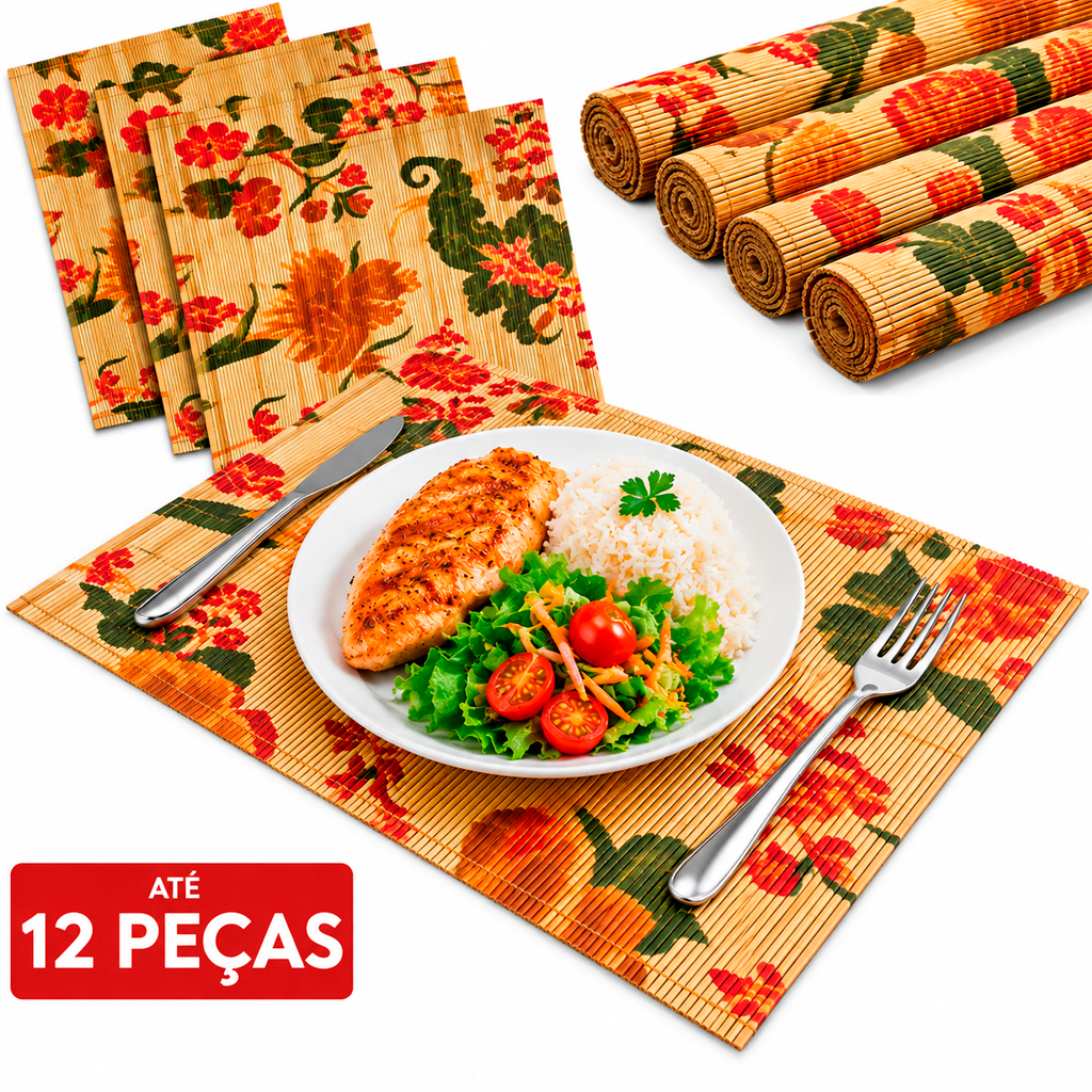 Kit Lugar Americano Bambu Estampado 45x30cm - Mimo Style Linha Esteira Refeição Na Mesa Luxo