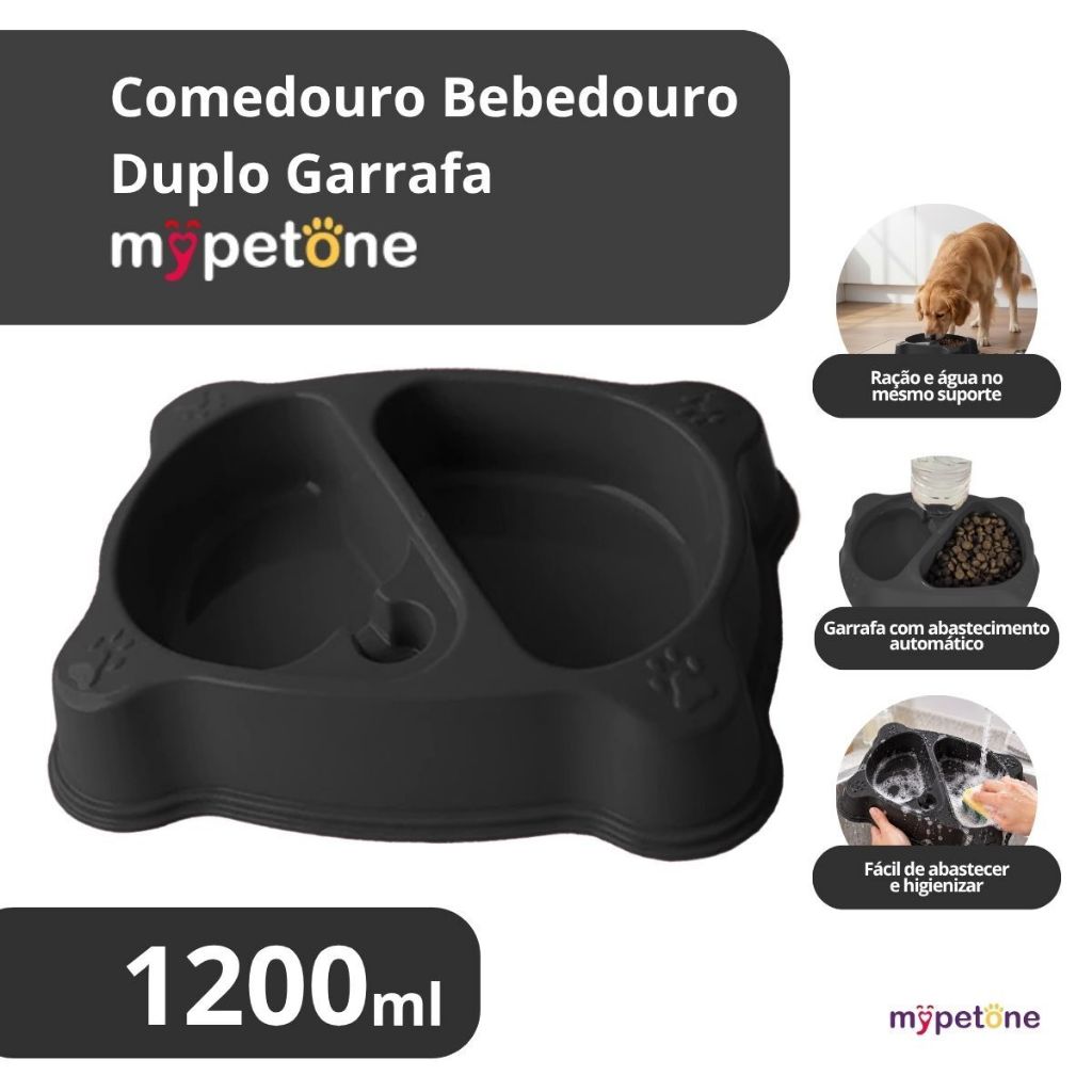 Comedouro Bebedouro Duplo Automático 1200ml Mypetone Preto Para Cachorro e Gato