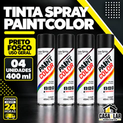 Kit 4 Tinta Spray Preto Fosco 400ml Paintcolor Uso Geral Secagem Rapida Para Artesanato