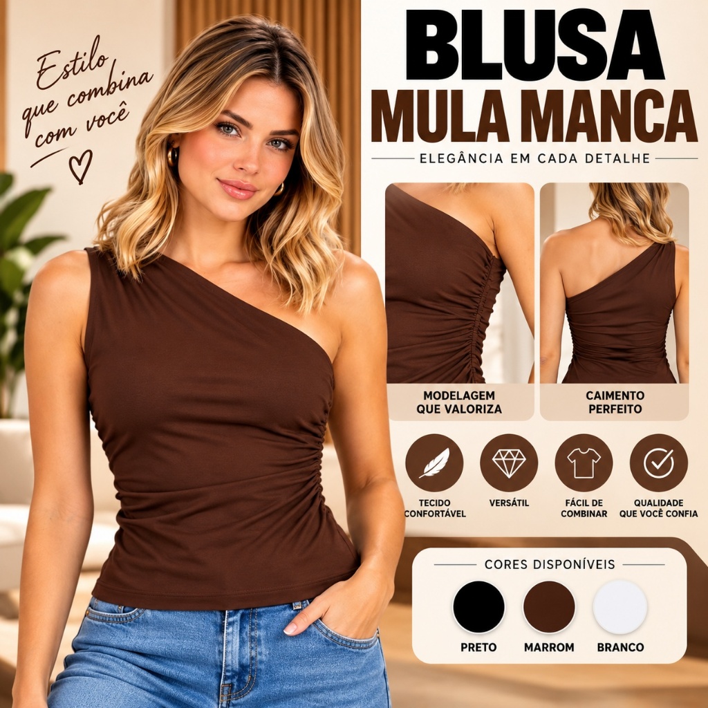 Blusa Feminina Casual Elegante Mula Manca Ombro Único Assimétrica