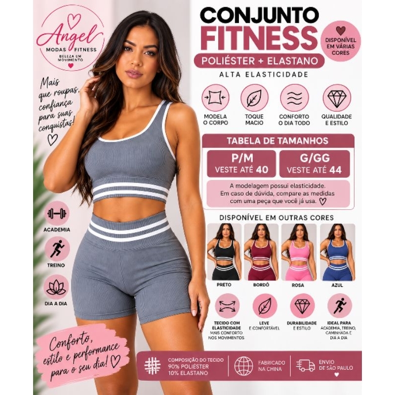Conjunto Fitness Feminino Poliéster com Elastano Cintura Alta Academia Treino