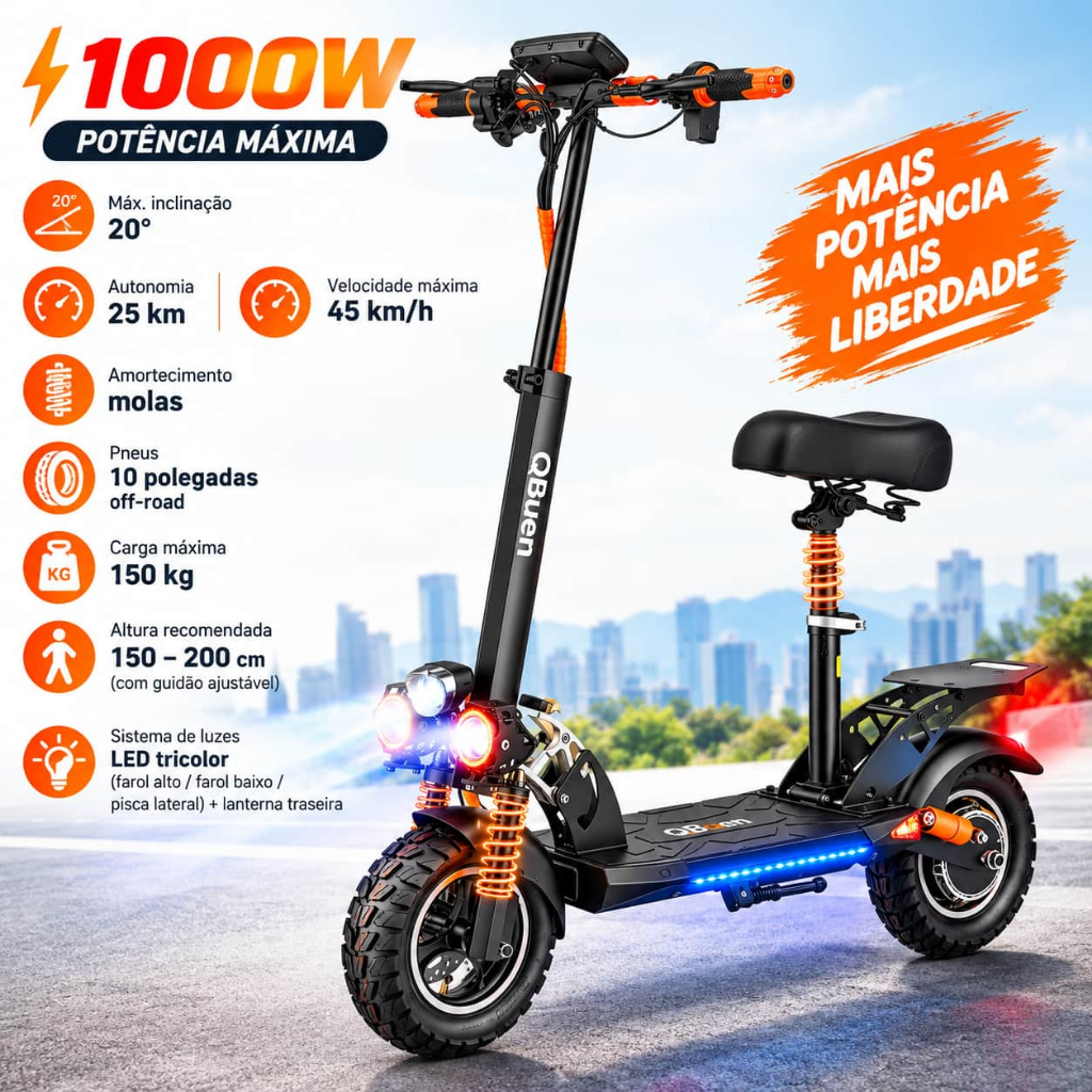 Patinete Elétrico 1000W: 45km/h e Suspensão Dupla