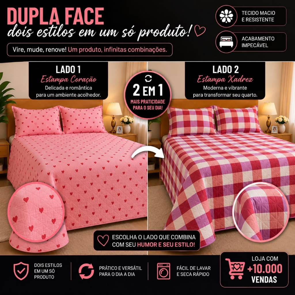 Kit Colcha Cobre Leito Casal Queen Dupla Face Matelado Toque De Algodão 2 Porta Travesseiros Fronhas Linha Luxo Premium
