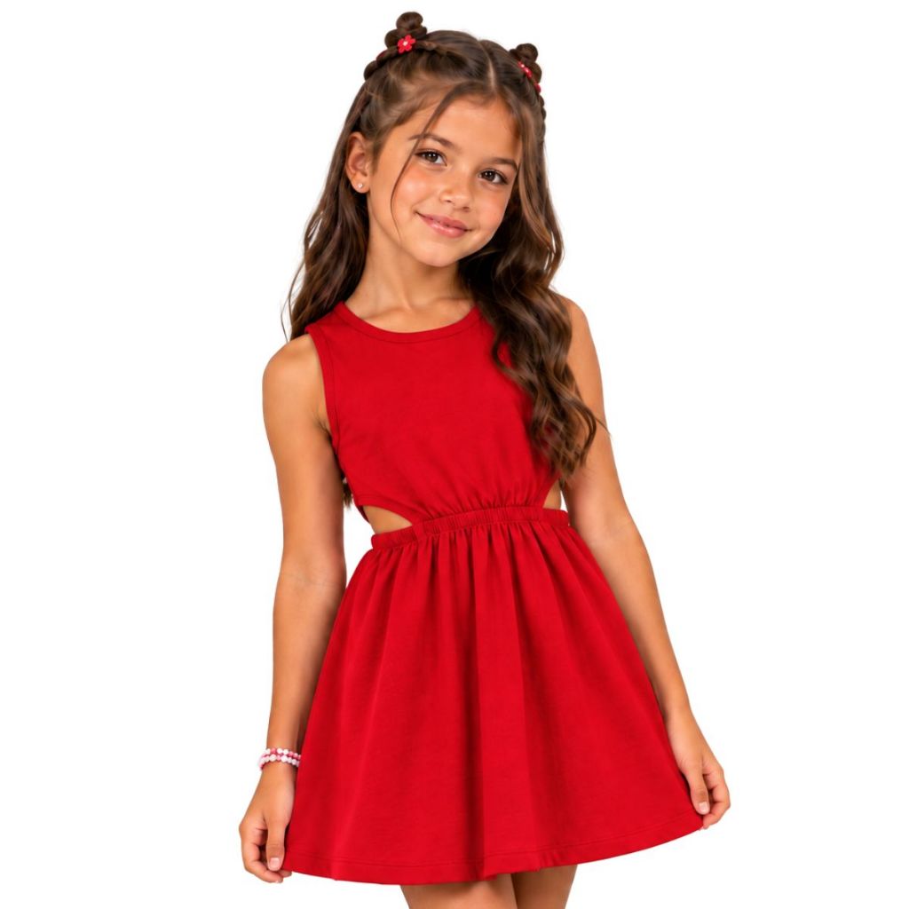Vestido Vermelho com abertura Lateral do 7 ao 14 Anos | Vestido Vermelho Infantil | Vestido Vermelho Infantil Menina