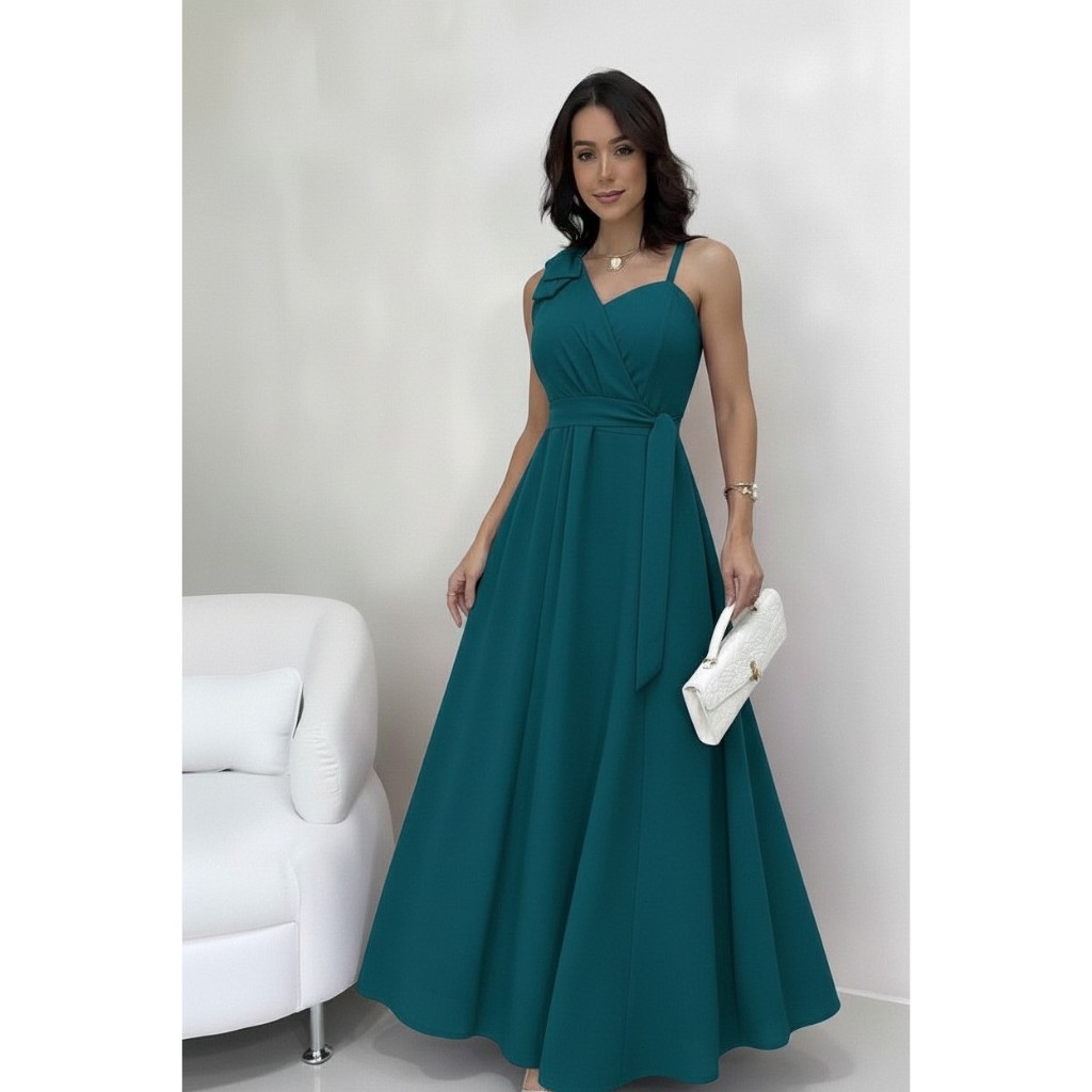 vestido longo elegante feito en tecido duna linho con laço no ombro unico,alças ,regulador do otro lado con cinto