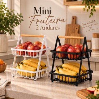 Mini Fruteira 2 Andares em Metal com Alça de Bambu Cesto Organizador de Frutas para Cozinha Moderna Preta e Branca