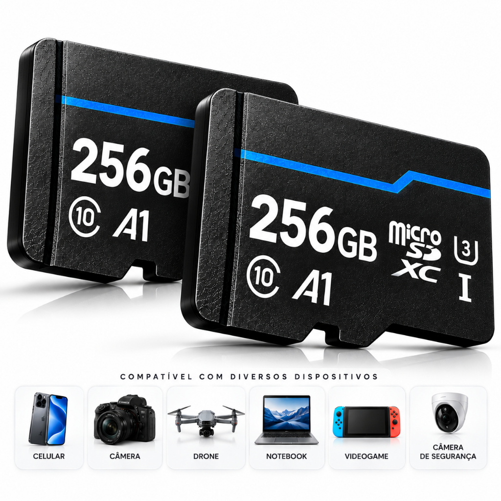 Kit 2 Cartão De Memoria 256 GB micro SD Classe 10 para Camera de Segurança Drone Celular Tablet Notebook