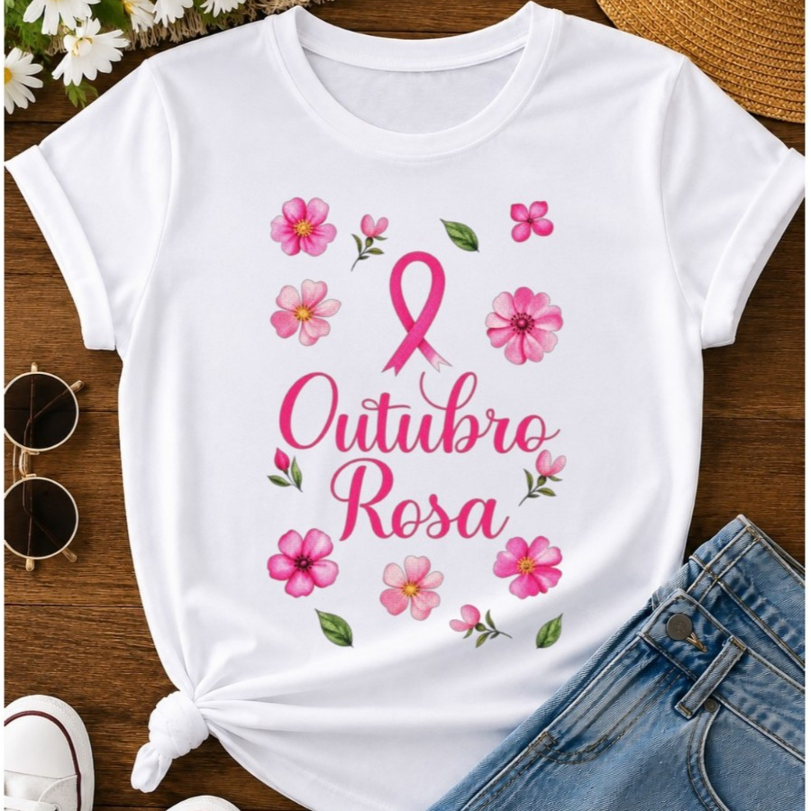 Camiseta Outubro Rosa Feminina com Estampa Floral e Laço Rosa