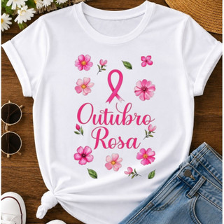Camiseta Outubro Rosa Feminina com Estampa Floral e Laço Rosa